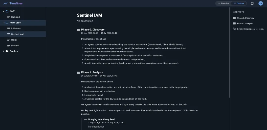 Outline view — a swimlane tree on the left, Markdown content in the middle, and a table of contents on the right