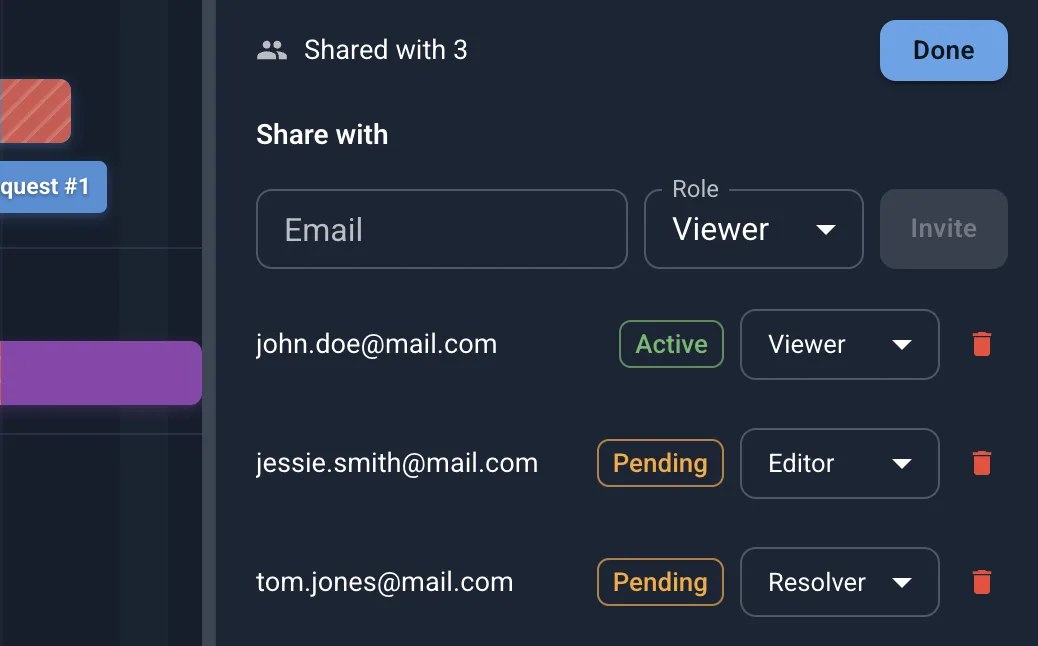 Share panel — invite by email, pick a role, and manage grantees with Active/Pending status